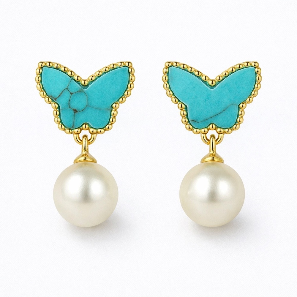 Gold and Turquoise Butterfly Pearl Earrings